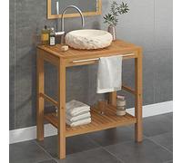 QUAHEAS Lavabo en teck massif avec lavabo en marbre crème, 74 x 45 x 75 cm, meuble de salle de bain robuste avec barre porte-serviettes, lavabo à poser en pierre naturelle