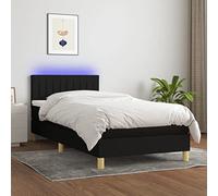 QUAHEAS Lit à sommier tapissier avec matelas, éclairage LED et tête de lit réglable en hauteur, noir, 90 x 200 cm, housse en tissu résistant, lit simple, pour chambre à coucher, surmatelas inclus