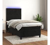 QUAHEAS Lit à sommier tapissier avec matelas et LED, noir, 90 x 200 cm, en velours, tête de lit réglable en hauteur, matelas à ressorts ensachés, surmatelas doux pour la peau