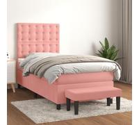 QUAHEAS Lit à sommier tapissier avec matelas, velours rose, 90 x 190 cm, tête de lit réglable en hauteur, matelas à ressorts ensachés, confort de couchage moyennement dur, avec banc