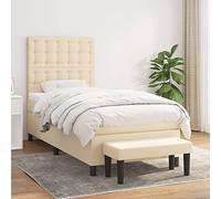 QUAHEAS Lit à sommier tapissier crème 90 x 190 cm avec matelas à ressorts ensachés, tête de lit réglable, coussin doux pour la peau et banc assorti, housse en tissu
