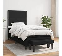 QUAHEAS Lit à sommier tapissier, noir, 90 x 200 cm, avec matelas à ressorts ensachés, tête de lit réglable, housse en tissu, banc inclus