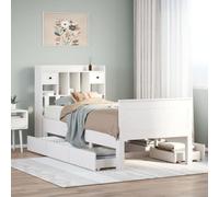 QUAHEAS Lit bibliothèque Blanc en Bois de pin Massif 75x190 cm avec sommier à Lattes, tiroirs de Rangement et Pied Stable, Cadre Plateforme Pratique pour Chambre Adulte Enfant ado