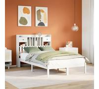 QUAHEAS Lit bibliothèque Blanc en Bois pin Massif 135x190 cm avec sommier à Lattes, Cadre Plateforme avec Rangement, tiroirs et tête de lit Fonctionnelle pour Chambre Adulte Enfant ado