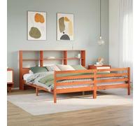 QUAHEAS Lit bibliothèque en Bois Massif Cire Marron avec Cadre, sommier à Lattes, Support pour Matelas 200x200cm, Rangement intégré, Pied Stable pour Chambre Adulte, Enfant ou ado