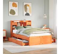 QUAHEAS Lit Cadre avec sommier en pin Massif Cire Marron pour Chambre Adulte ou Enfant Dimensions 135x190 cm avec tête de lit bibliothèque Rangement tiroir Coffre et Support pour Matelas