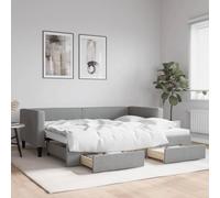 QUAHEAS Lit de jour extensible avec tiroirs, gris clair, 90 x 190 cm, rembourrage en tissu, canapé-lit 2 en 1, pour chambre d'amis et chambre d'enfant, cadre de lit polyvalent avec espace de rangement