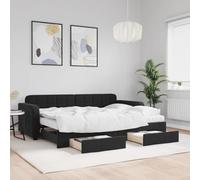 QUAHEAS Lit de jour extensible avec tiroirs, noir, 80 x 200 cm, housse en velours, 2 matelas, cadre en métal et bois, polyvalent