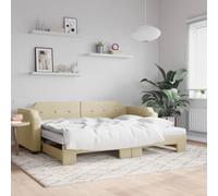 QUAHEAS Lit de jour extensible couleur crème 90 x 200 cm avec deux matelas en mousse confortable, housse en tissu, cadre en bois robuste et métal, canapé-lit polyvalent pour chambre d'amis