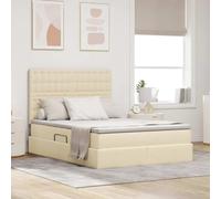 QUAHEAS Lit de rangement en polyester crème 140 x 200 cm avec matelas, élévateur latéral hydraulique, lit double moderne avec tête de lit, cadre en métal robuste pour chambre à coucher