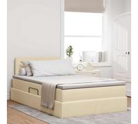 QUAHEAS Lit de Rangement LED avec Matelas Crème 120 x 190 cm, Cadre en Bois d'ingénierie, système de levée à gaz, têtes réglables, Bandes LED USB, idéal pour Chambre Adulte ou Enfant