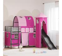 QUAHEAS Lit loft pour enfant - Noir et rose - 74,5 x 190 cm - En métal - Avec toboggan et rideaux - Lit de jeu simple robuste - Pliable