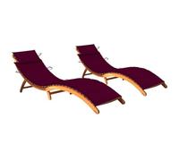 QUAHEAS Lot de 2 chaises longues pliables avec coussins bordeaux en bois d'acacia massif, 184 x 55 x 64 cm, pour jardin, terrasse et piscine, longue durée de vie