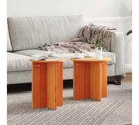 QUAHEAS Lot de 2 tables basses rustiques en bois de pin massif marron ciré - Table d'appoint ronde pour salon, table de chevet - Montage facile