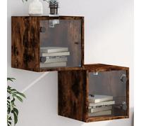 QUAHEAS Lot de 2 tables de chevet avec portes en verre - Chêne fumé - 35 x 37 x 35 cm - Montage mural - Matériau en bois solide pour chambre à coucher et salon