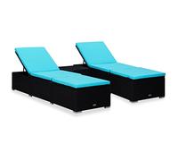 QUAHEAS Lot de 3 chaises longues de jardin en polyrotin noir réglables avec table à thé, résistant aux intempéries, 195 x 60 x 31 cm, avec coussin bleu, pour terrasse et piscine