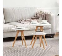 QUAHEAS Lot de 3 tables basses rondes en bois de noyer massif pour salon, jardin et terrasse, design moderne, multi-usages