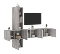 QUAHEAS Lot de 5 meubles de salon gris Sonoma en bois avec meuble TV bas et buffet, table TV polyvalente avec espace de rangement, tiroir, étagère, commode pour salon et chambre à coucher