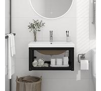 QUAHEAS Meuble de lavabo mural avec bac encastrable, noir, fer revêtu par pulvérisation, 59 x 38 x 31 cm, design moderne, lavabo en céramique avec trop-plein, pour salle de bain et buanderie