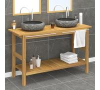 QUAHEAS Meuble de salle de bain avec bac en marbre noir, en teck massif, 132 cm de large, double vasque, meuble bas de salle de bain, armoire pour serviettes