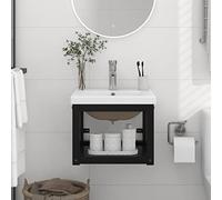 QUAHEAS Meuble de salle de bain avec lavabo, noir, fer revêtu par pulvérisation, 40 x 38 x 31 cm, montage mural, lavabo encastrable en céramique avec trop-plein, design moderne