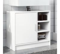 QUAHEAS Meuble de salle de bain, blanc, 63 x 29 x 55 cm, en bois dérivé du bois, avec porte et compartiments ouverts, résistant à l'humidité, facile d'entretien, pour salle de bain, lavabo simple
