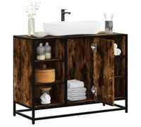 QUAHEAS Meuble de salle de bain en chêne fumé 80 x 33 x 60 cm, meuble de salle de bain avec cadre en métal, espace de rangement, résistant à l'humidité, pour salle de bain, style rétro