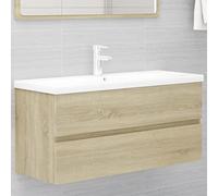 QUAHEAS Meuble de salle de bain en chêne Sonoma - 100 cm de large - Avec bac encastrable en céramique - Meuble de salle de bain pour salle de bain - En bois - Rangement moderne