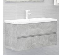 QUAHEAS Meuble sous-lavabo en bois gris béton, 90 x 38,5 x 45 cm, avec bac encastrable en céramique, trop-plein, robinet et bonde push-open, pour salle de bain et buanderie