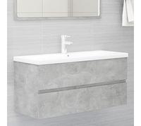QUAHEAS Meuble sous-vasque, gris béton, 100 cm, en bois avec bac encastrable, lavabo en céramique avec trop-plein, ensemble de meubles de salle de bain, avec robinet et bonde Push Open