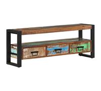 QUAHEAS Meuble TV en bois massif vieilli 120 x 30 x 45 cm avec 3 tiroirs, compartiment ouvert, pieds en fer revêtu par pulvérisation pour salon et coin de jeu, espace de rangement et surface de