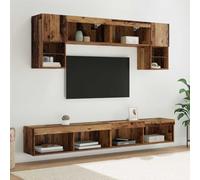 QUAHEAS Meuble TV mural avec éclairage LED, lot de 6 pièces, en bois vieilli, avec espace de rangement, tiroirs, portes et passe-câbles, idéal pour salon, chambre à coucher