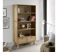 QUAHEAS OTTA Bibliothèque scandinave en pin massif marron avec 2 tiroirs, 3 compartiments, organiseur pour livres, salon, chambre à coucher