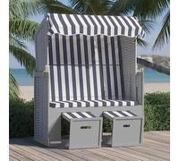 QUAHEAS Panier de plage, toit en poly rotin et bois massif, bleu, blanc, réglable en 3 compartiments, tabouret extensible, pour jardin, terrasse, plage