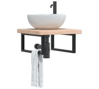 QUAHEAS Plateau de lavabo avec support, chêne massif, 50 x 50 x 4 cm, acier noir, étagère flottante, design peu encombrant pour votre salle de bain