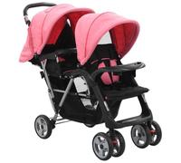 QUAHEAS Poussette tandem en acier rose et noir avec design pliable, 2 capots, grand panier, roues à 360 degrés, compacte et légère, idéale pour les tout-petits et les frères et sœurs