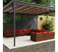 QUAHEAS Salon de Jardin 11 pièces en résine tressée Marron avec Coussins Rouges modulable encastrable pour terrasse Balcon extérieur Patio Repas détente Lounge Angle résistant