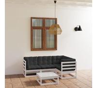 QUAHEAS Salon de Jardin 5 pièces en Bois de pin Massif avec Coussins Anthracite, modulable encastrable pour terrasse Balcon extérieur, Ensemble canapé Fauteuil Table pour Repas détente Lounge Angle