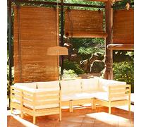 QUAHEAS Salon de Jardin 6 pièces en Bois de pin Massif avec Coussins crème modulable encastrable pour terrasse Balcon extérieur, Ensemble canapé Fauteuil Banquette pour détente Repas Patio