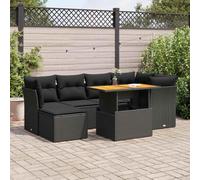 QUAHEAS Salon de Jardin 7 pièces Noir en résine tressée avec Coussins modulables, Table réglable en Bois d'acacia, Ensemble canapé, Fauteuil et Banquette pour terrasse extérieur Patio Balcon Repas