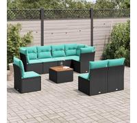 QUAHEAS Salon de Jardin 9 pièces Noir résine tressée avec Coussins modulables encastrables, Table Bois d'acacia, fauteuils et Banquette pour terrasse Balcon extérieur Patio détente Repas