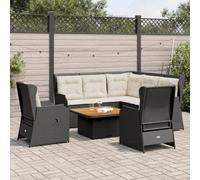 QUAHEAS Salon Jardin 6 pièces résine tressée Noire Ensemble canapé Fauteuil Chaise Banquette extérieur Coussin modulable Table Bois métal pour terrasse Patio Balcon détente Repas Angle encastrable