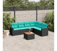 QUAHEAS Salon Jardin 7 pièces résine tressée Noir avec Coussins Bleus Housse Lavable Ensemble modulable pour terrasse Balcon extérieur Patio Repas détente Lounge Table Bois métal encastrable