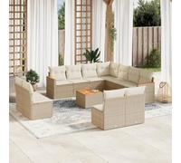 QUAHEAS Salon Jardin modulable en résine tressée Beige avec Coussins 12 pcs, Ensemble canapé Fauteuil Banquette extérieur pour terrasse Patio Balcon, Table en Bois d'acacia avec Rangement résistant