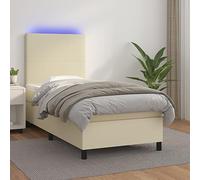 QUAHEAS Sommier à Lattes avec Matelas et LED crème 90x200 cm Cadre lit Structure Plateforme tête réglable pour Chambre Adulte Enfant avec Rangement tiroir Coffre Confortable Durable