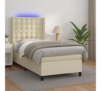 QUAHEAS Sommier à Lattes tapissier crème 80x200 cm avec Matelas Ressorts ensachés, Bande LED intégrée, tête de lit réglable, Cadre lit Similicuir pour Chambre Adulte et Enfant