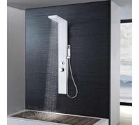 QUAHEAS Système de panneau de douche en aluminium blanc mat avec 150 buses en silicone, buses de massage, cascade, pommeau de douche à main, hauteur de 130 cm, montage mural facile, cabine de douche