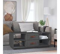QUAHEAS Table basse grise 100 x 50 x 41 cm en pin massif avec tiroirs et étagères pour salon, table d'appoint