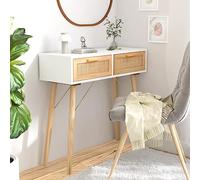QUAHEAS Table console blanche 80 x 30 x 75 cm, en pin massif et rotin naturel, avec 2 tiroirs, pour salon, couloir, chambre à coucher