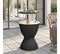 QUAHEAS Table d'appoint 3 en 1 avec seau à glace, noir, en polypropylène, aspect rotin, capacité de 30 l, pour jardin, balcon, terrasse, table d'appoint polyvalente